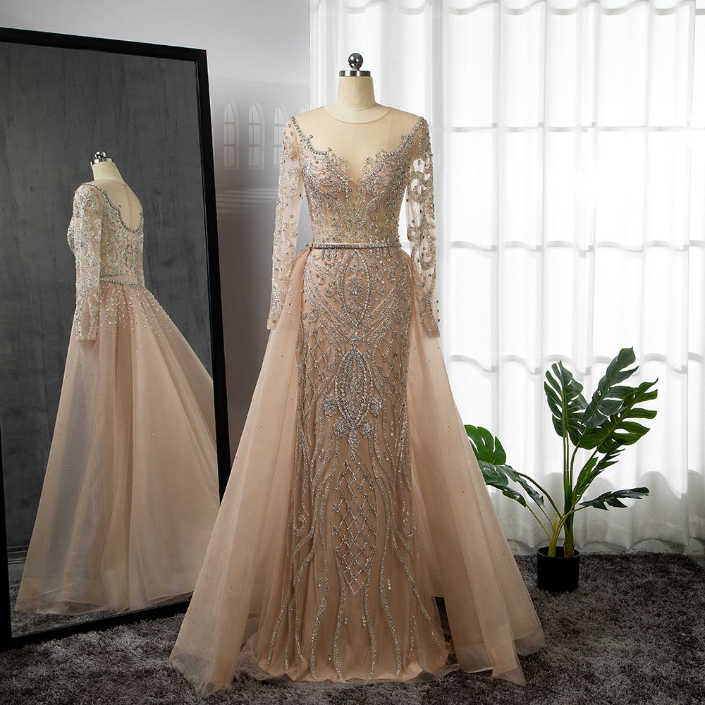 muslim mermaid wedding dress SERENE HILL Luxury Muslim Nude Beaded Mermaid Evening Dress with Overskirt LA71597 Nude / 16