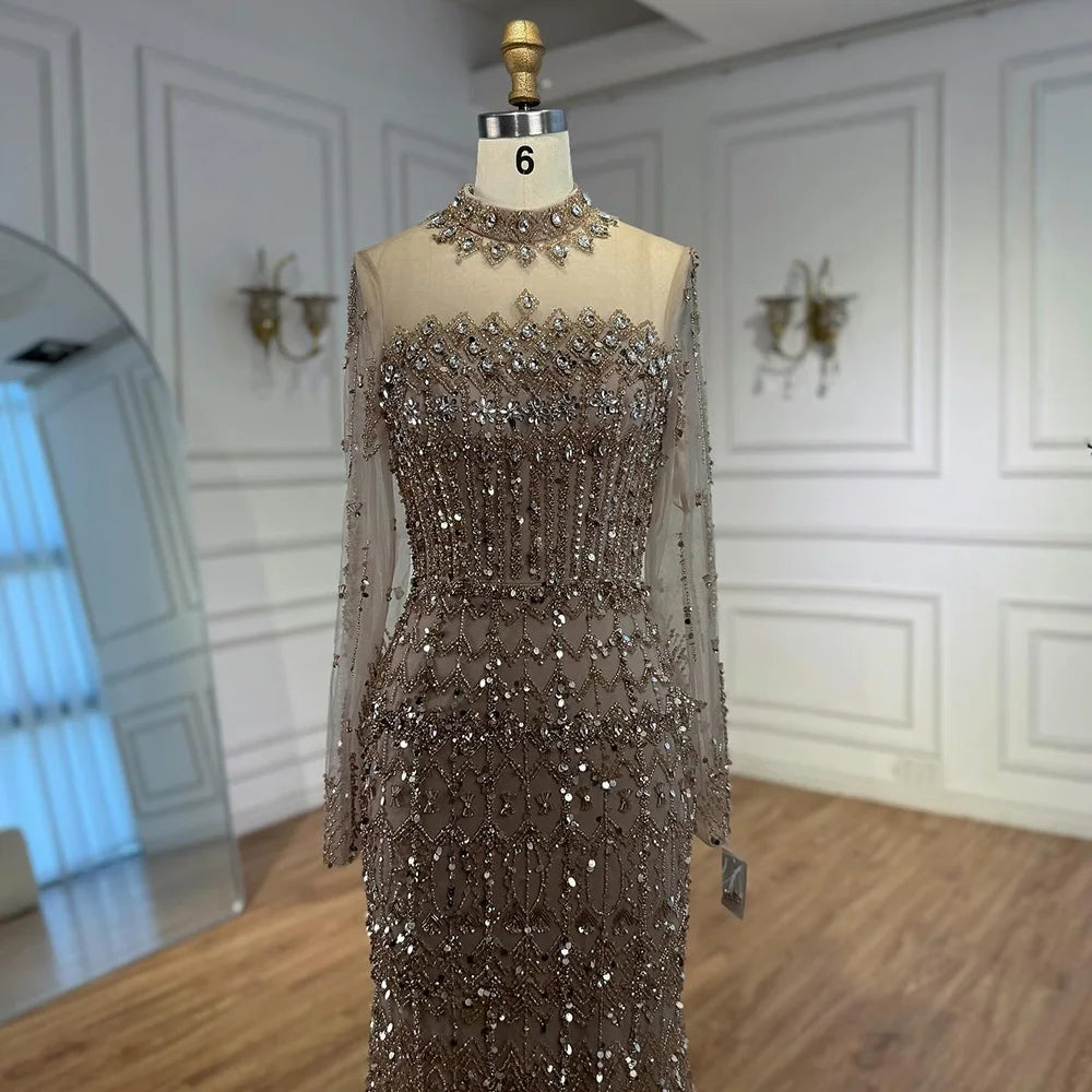 Luxury Arabic Turquoise Beaded Mermaid Evening Dress Long Sleeve LA72714C - SERENE HILL