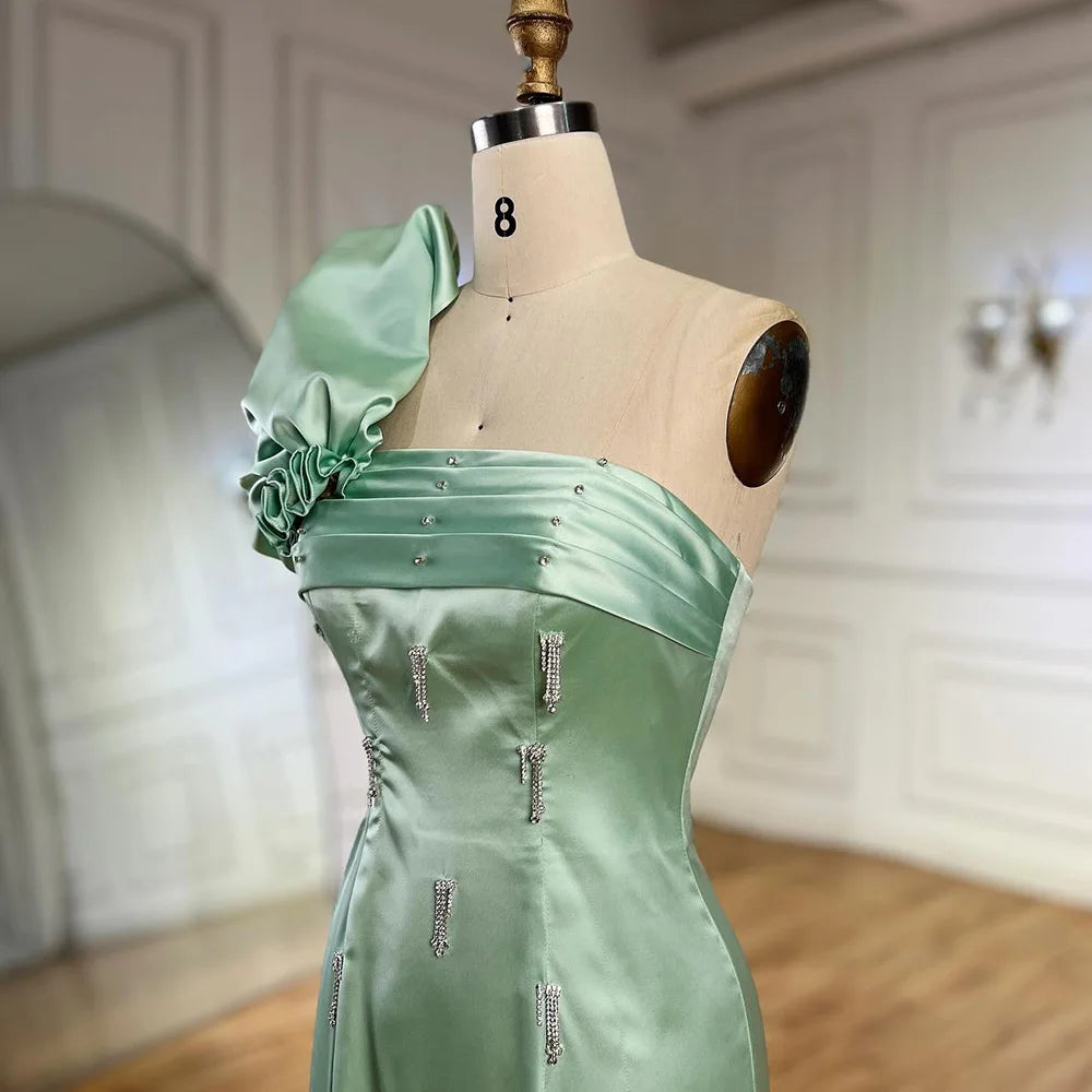 Serene Hill Arabic Sage Green One Shoulder with Cape Luxury Crystal Dubai Evening Dress Gowns for Women&