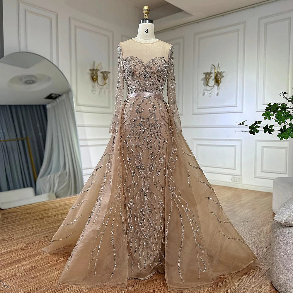 Luxury Dubai Pink Beaded Saudi Arabic Mermaid Evening Gown with Sheer Long Sleeves for Formal Occasion LA72875 - SERENE HILL