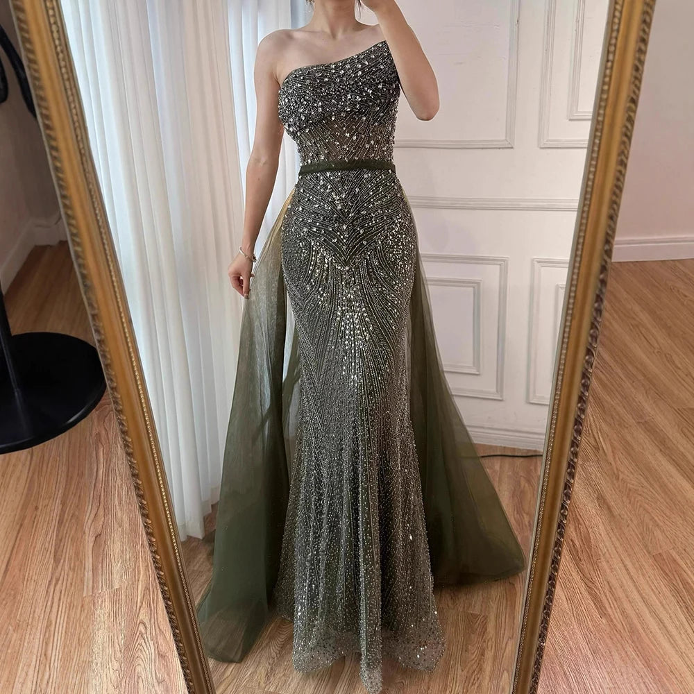 Luxury Olive Green Beaded Mermaid Evening Dress with Detachable Overskirt LA73164A - SERENE HILL