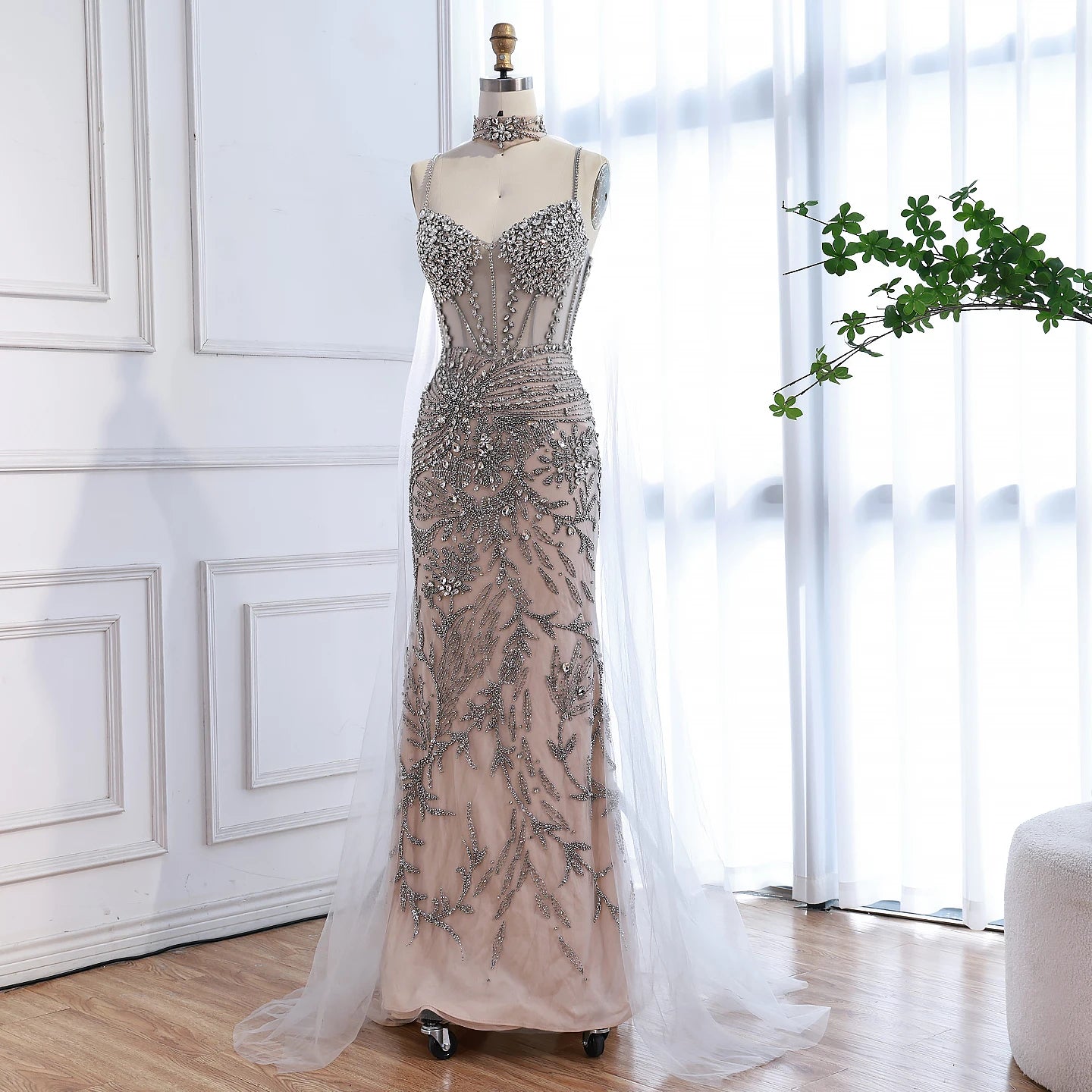 Luxury Evening Dress Grey Beaded With Cape Prom Gown LA73342 - SERENE HILL