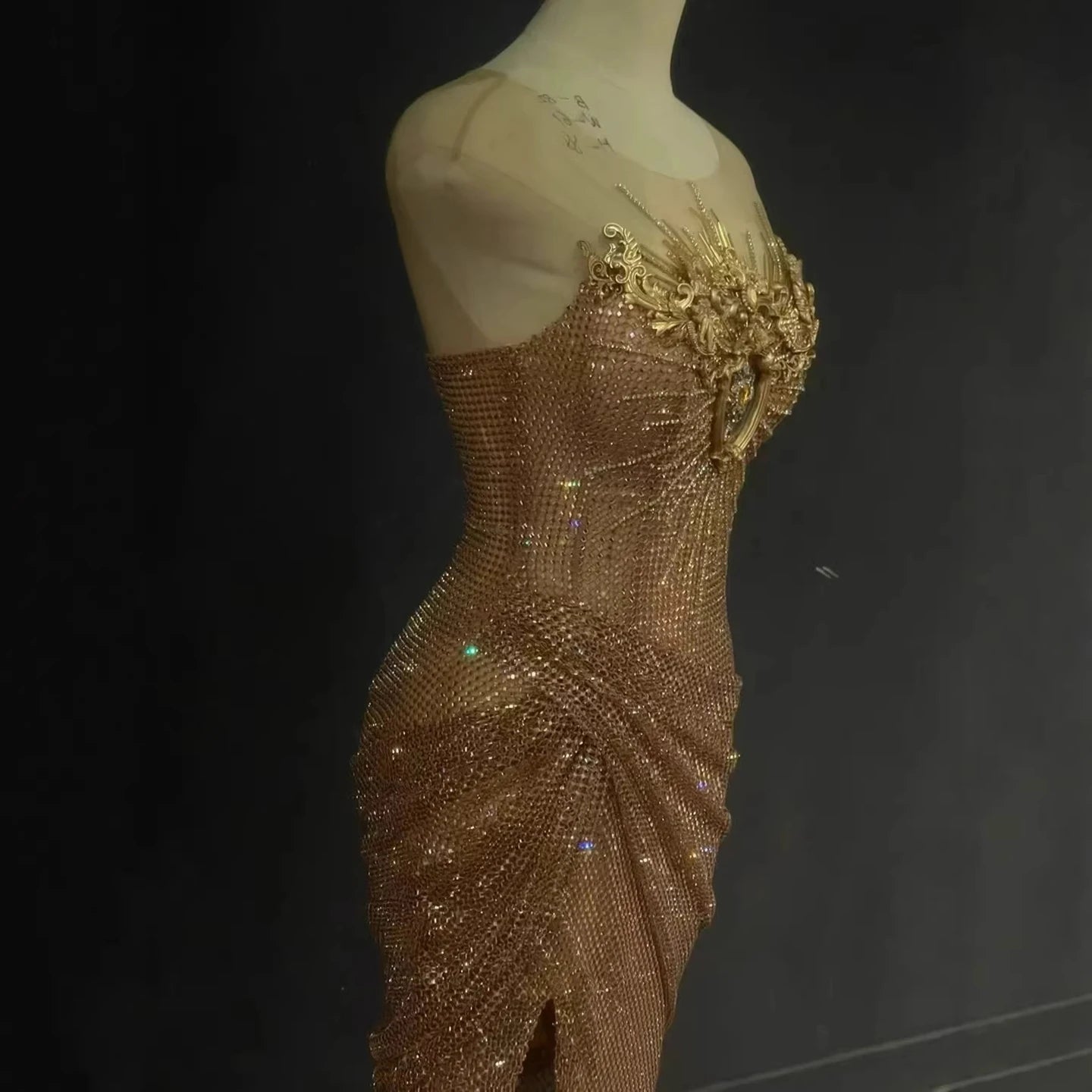 Luxury Saudi Arabic Nude Beaded High Split Evening Dress LA73436 - SERENE HILL