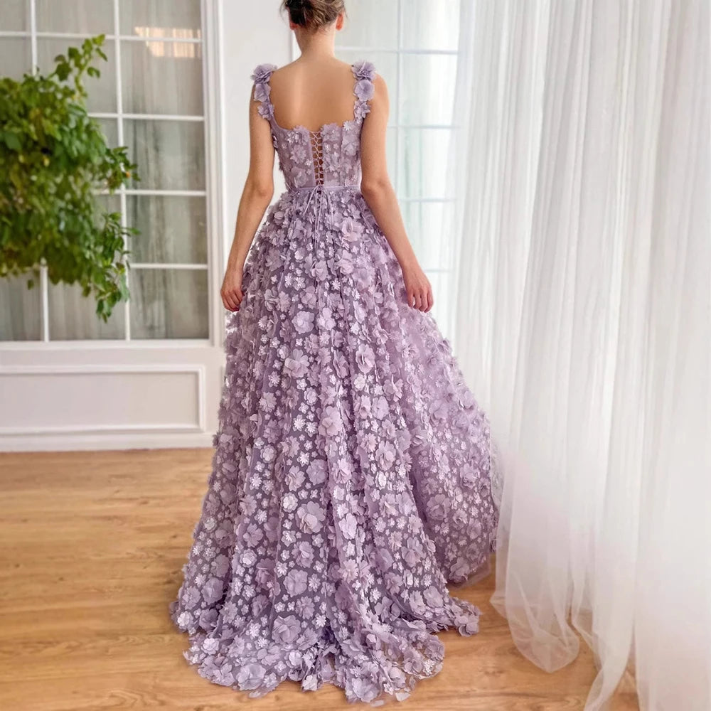 Luxury Lilac 3D Floral Embroidered Split Evening Dress LA72959 - SERENE HILL