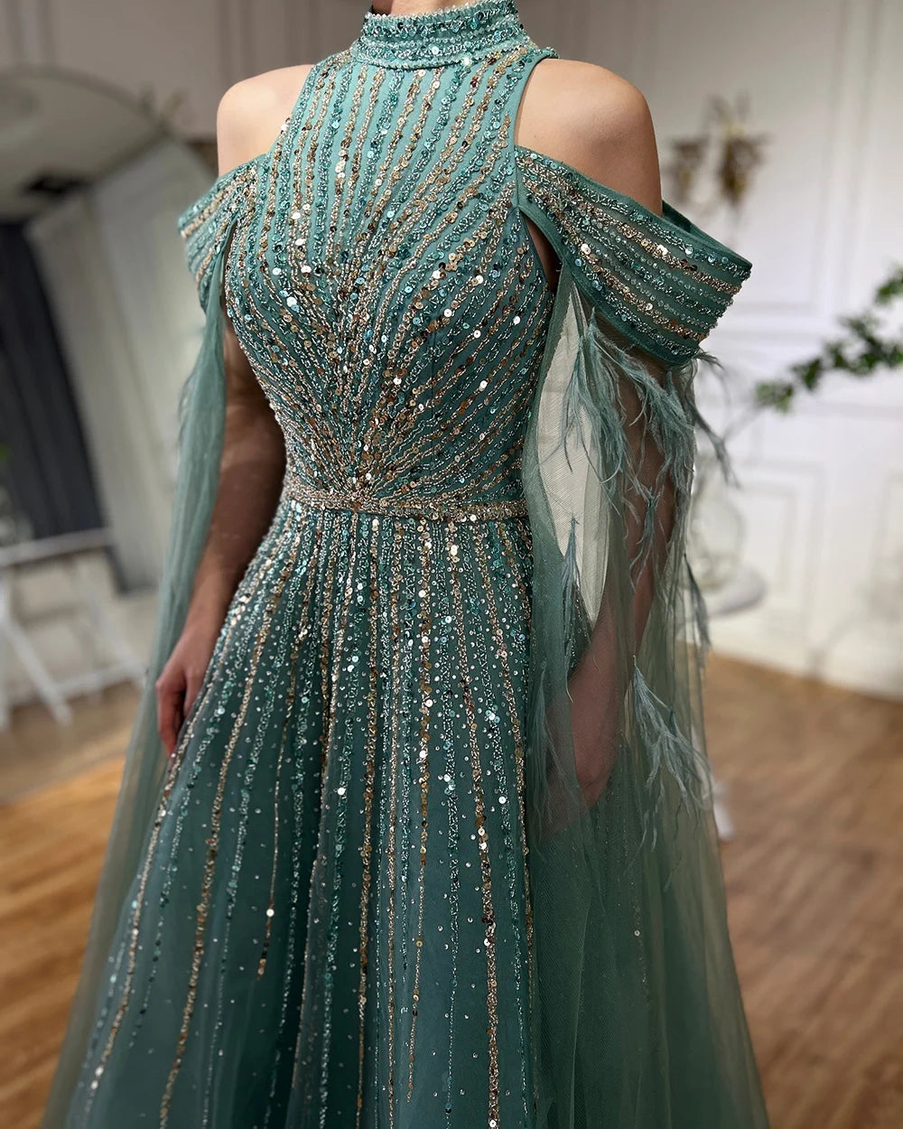 Serene Hill 2025 Arabic Turquoise Cape Sleeves A-Line Beaded Feathers Long Evening Gowns for Women Wedding Party LA72644 - SERENE HILL