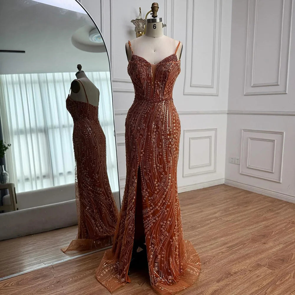 Orange Beaded Evening Dress with Slit Spaghetti Straps LA72542 - SERENE HILL