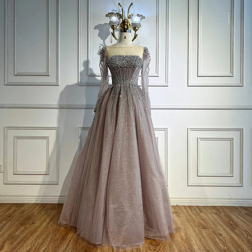 Luxury Caramel Sparkly A-Line Evening Dress with Long Sleeves LA72991 - SERENE HILL