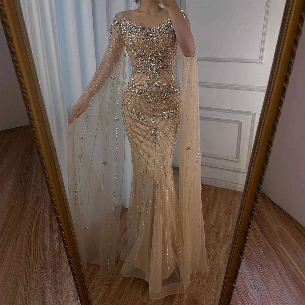 Luxury Pink Arabic Crystal Beaded Mermaid Evening Dress with Cape Sleeves LA73137 - SERENE HILL