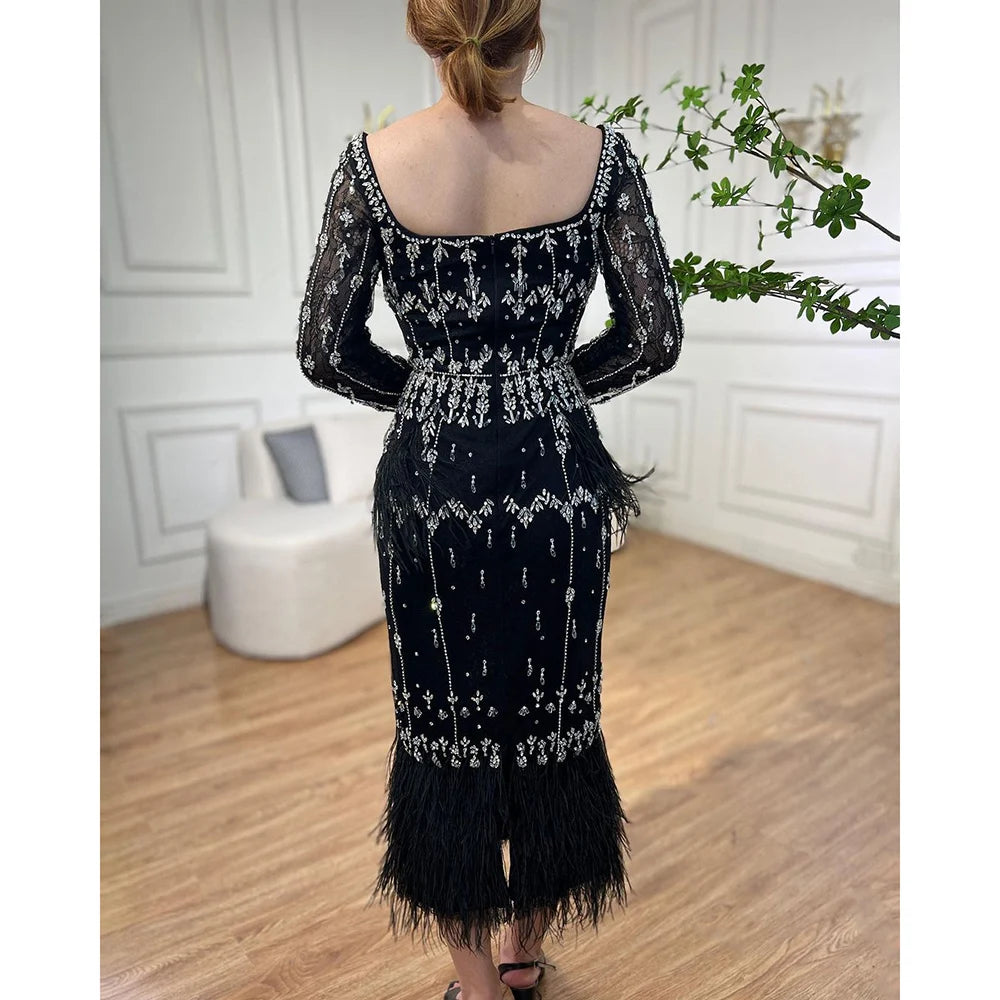 Luxury Black Feathers Midi Evening Dress with Long Sleeve LA71492AM - SERENE HILL