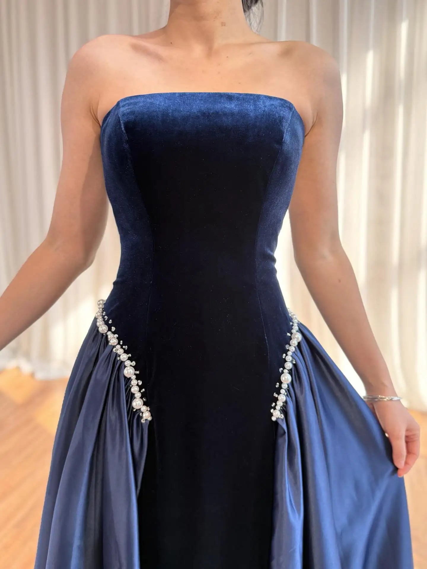 Luxury Navy Blue Mermaid Pearls Evening Dress Gowns With Skirt LA73351 - SERENE HILL