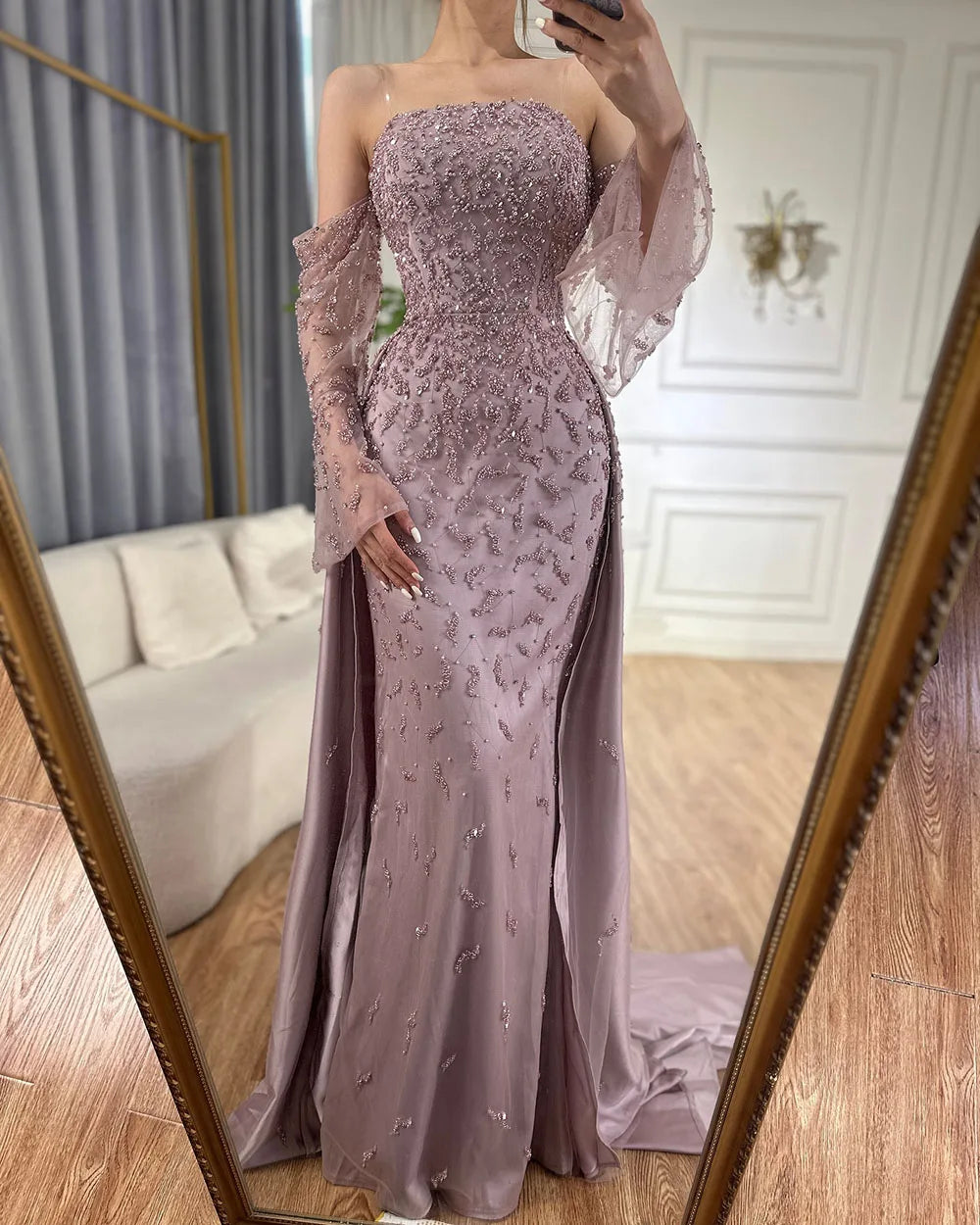 Dubai Luxury Blue Beaded Pearls Evening Gown with Overskirt LA72705 - SERENE HILL