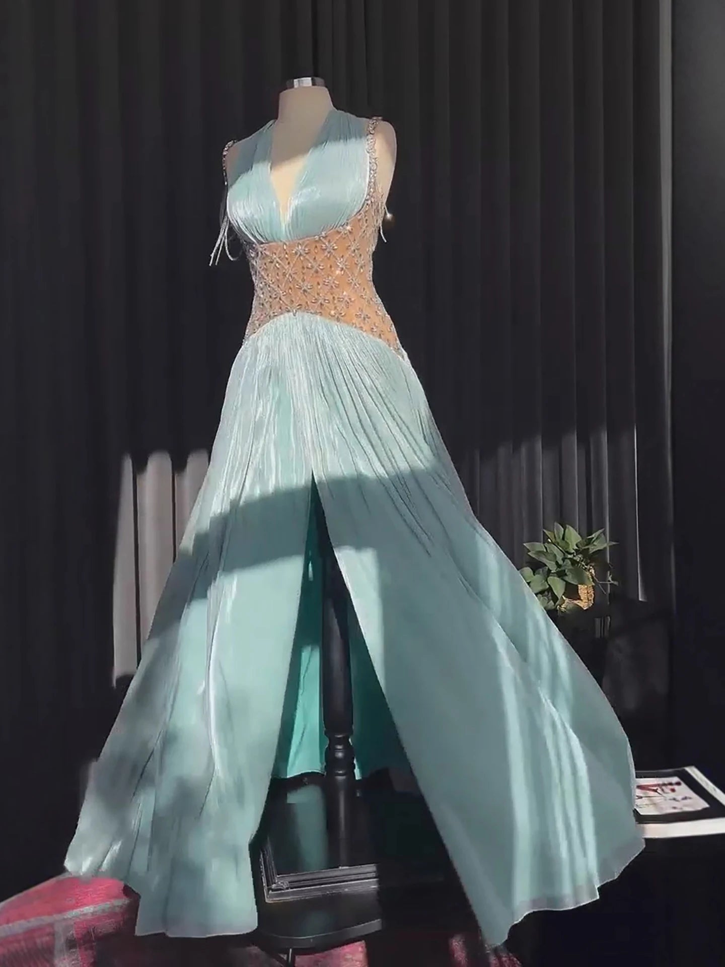 Luxury Turquoise Crystal Beaded A-Line Evening Dress LA73421 - SERENE HILL