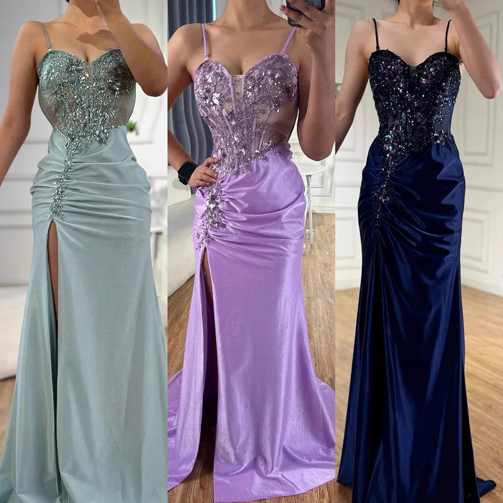 Classy Navy Satin Prom Dress with Lace Beaded and Slit LA73003 - SERENE HILL