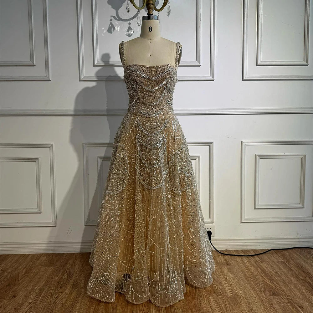 Luxury Nude A-Line Evening Dress with Pearls and Crystals LA72983A - SERENE HILL
