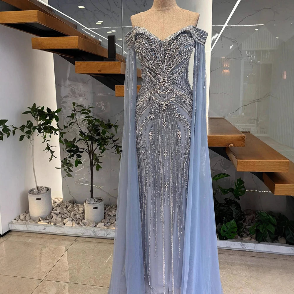 Luxury Blue Beaded Cape Sleeve Saudi Arabic Evening Dress LA73151 - SERENE HILL