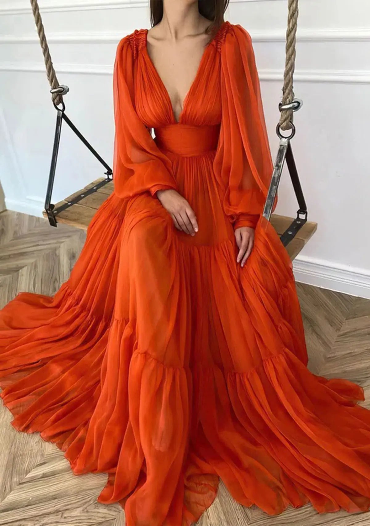 Serene Hill Arabic Red A-Line Long Sleeve Floor-Length Chiffon Prom Dress with Pleats for Women&