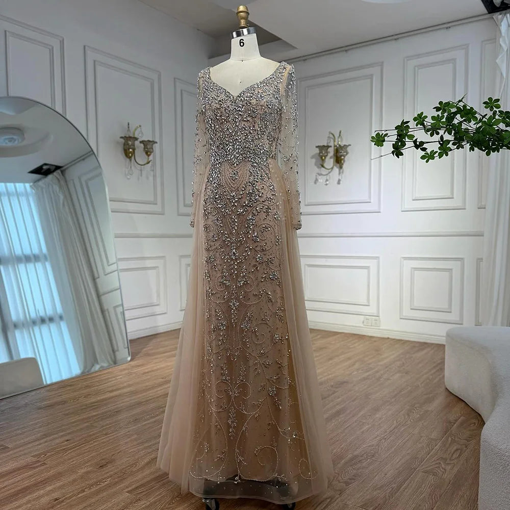 Luxury Nude Beaded Mermaid Evening Dress with Overskirt LA73042A - SERENE HILL