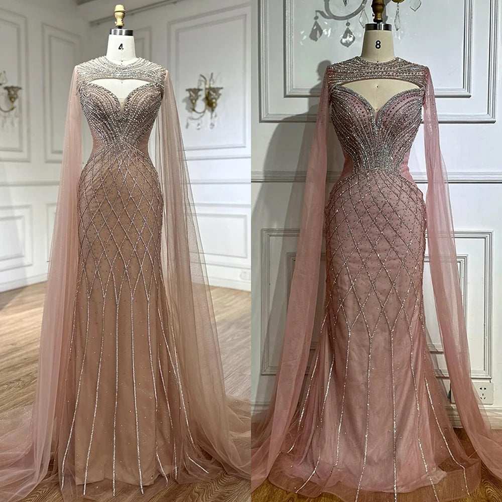 Nude Arabic Beaded Evening Dress Gown with Cape Sleeves LA72814 - SERENE HILL