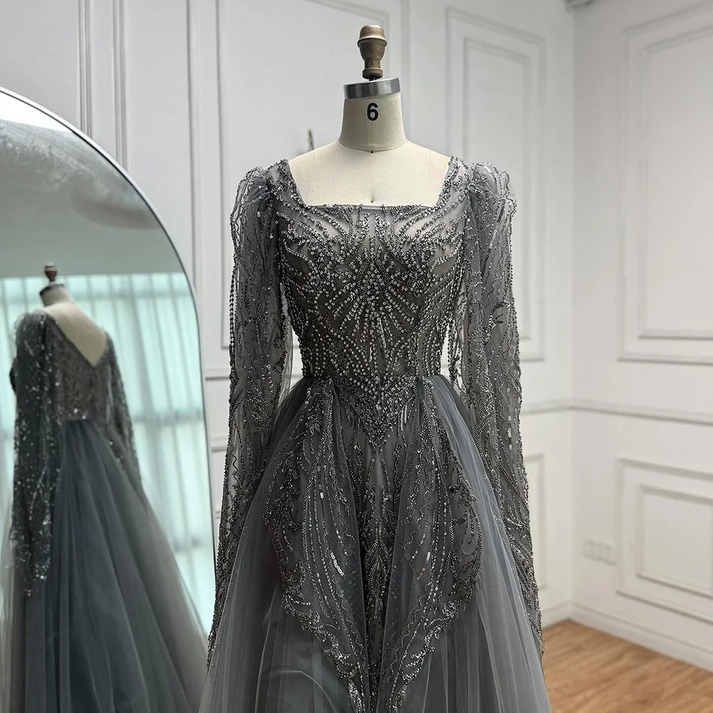 Luxury Gray A Line Beaded Evening Dress for Women LA73088 - SERENE HILL