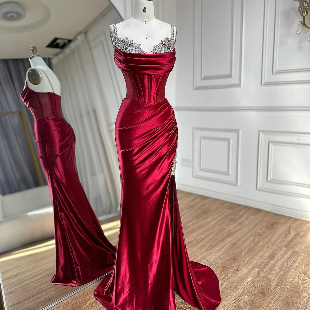 Luxury Dubai Saudi Arabic Spaghetti Strap Wine Red Satin Evening Dress with High Slit for Formal Occasion LA72776 - SERENE HILL