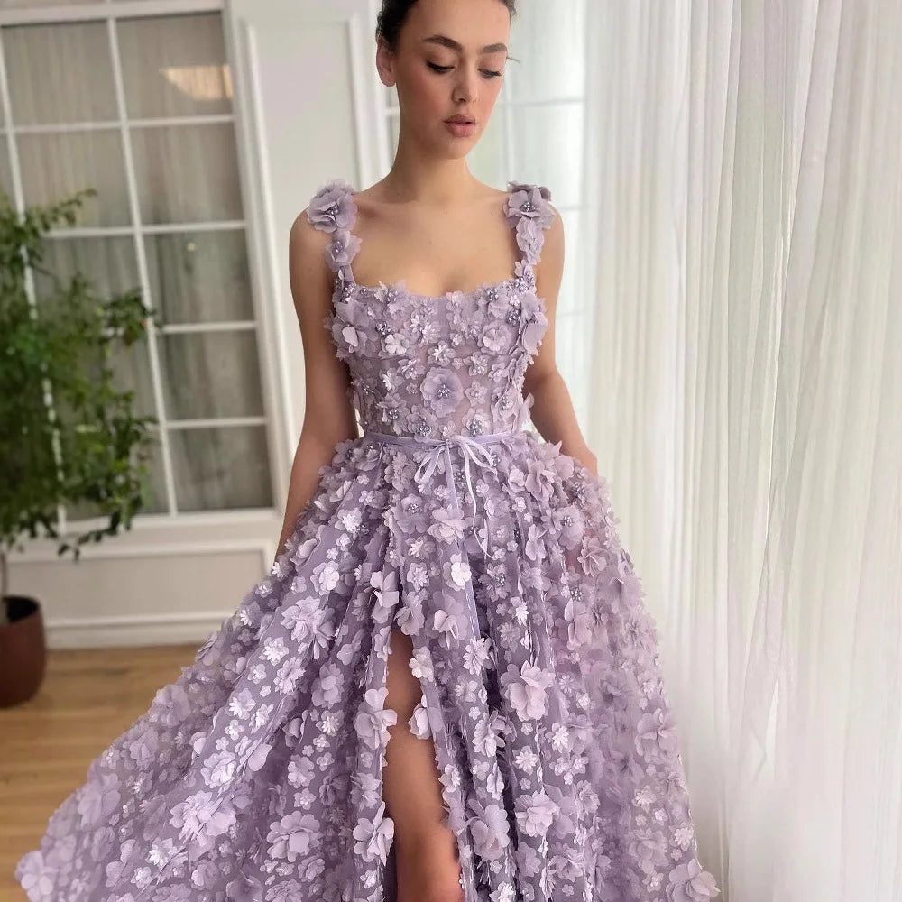 Luxury Lilac 3D Floral Embroidered Split Evening Dress LA72959 - SERENE HILL