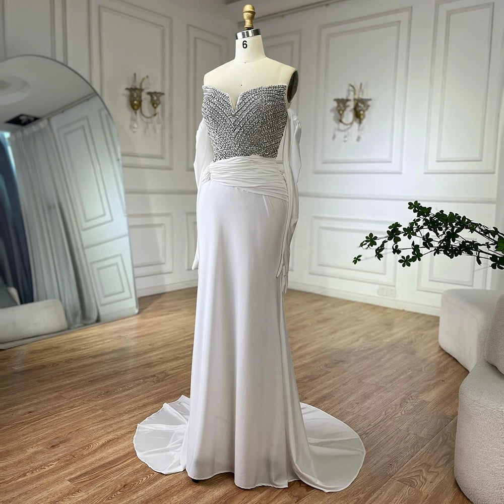 Luxury Dubai Elegant White Arabic Evening Gown with Crystal Beaded Dress and Gloves for Formal Occasion LA72758 - SERENE HILL