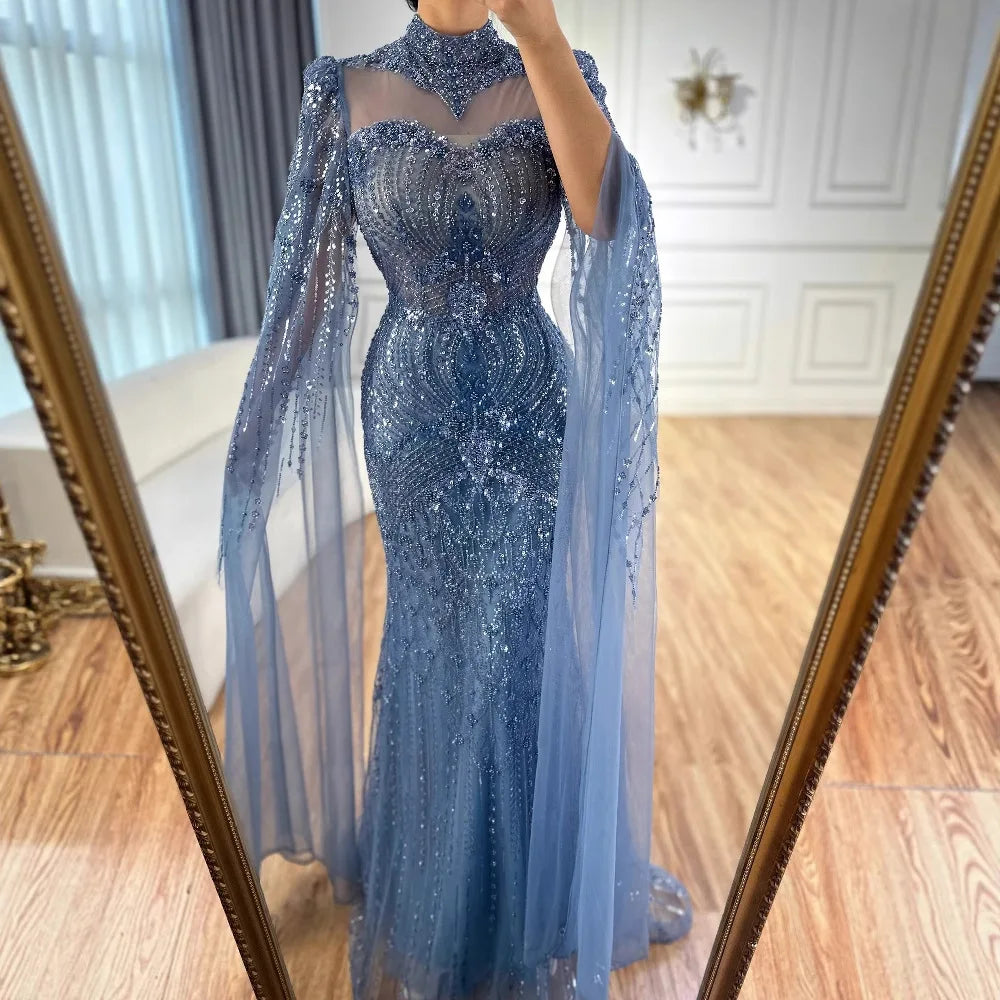 Luxury Modest Blue Mermaid Evening Dress with Cape LA73006 - SERENE HILL
