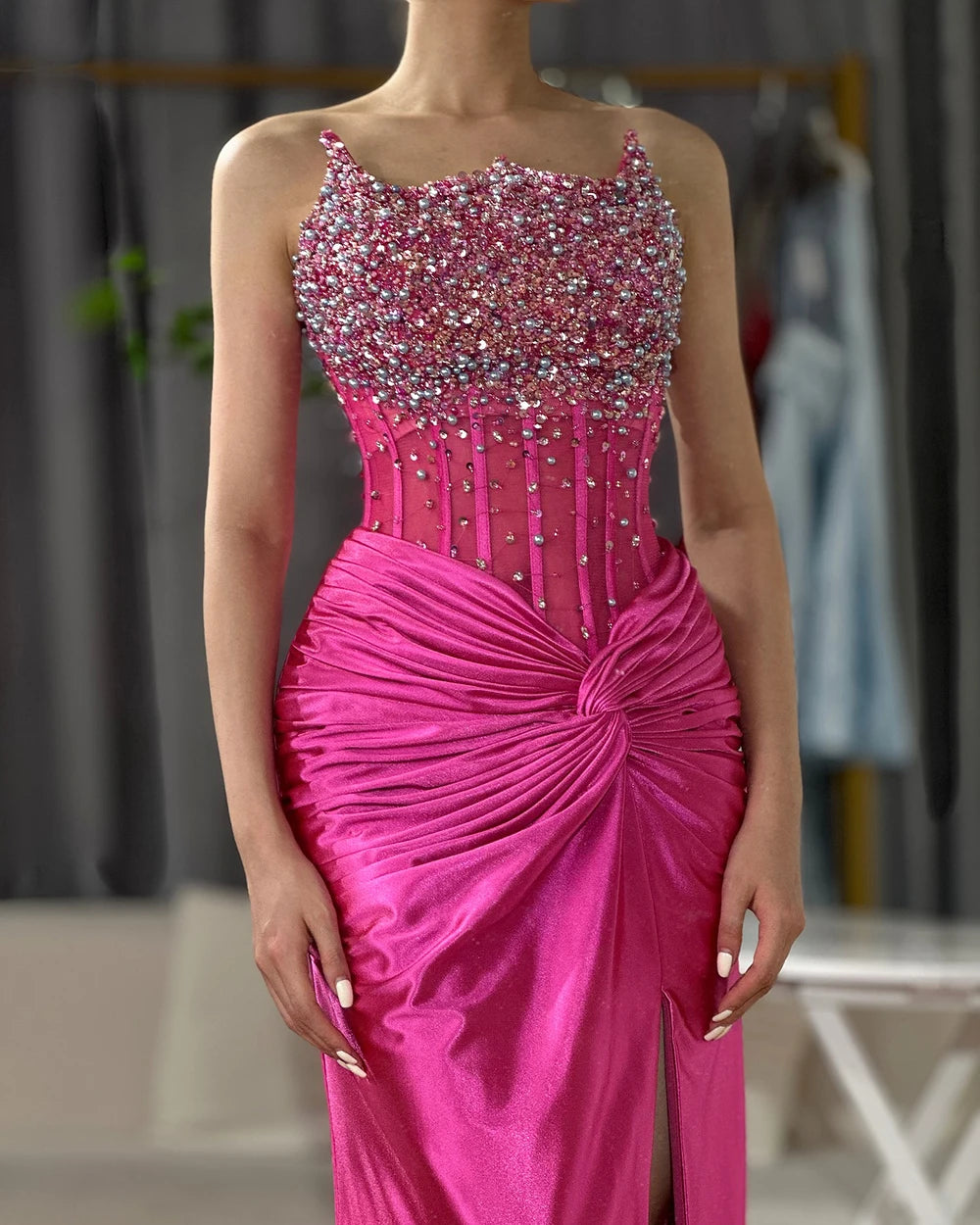 Serene Hill 2025 Arabic Fuchsia Side Split Beaded Mermaid Luxury Dubai Evening Gown for Women&