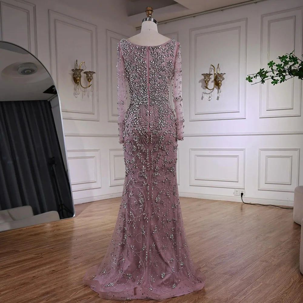 Luxury Nude Beaded Crystal Evening Dress with Long Sleeves LA73042 - SERENE HILL