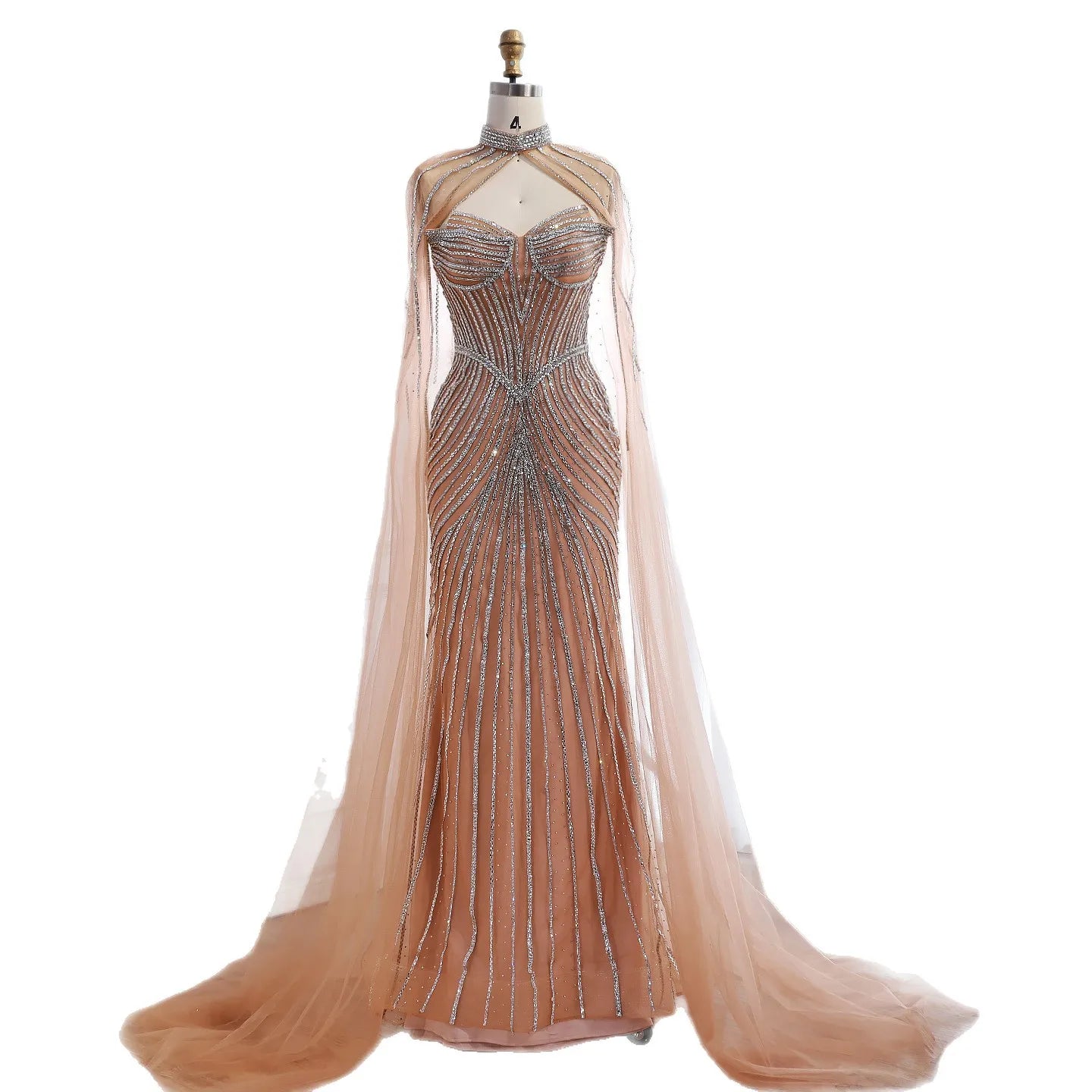 Luxury Nude Mermaid Evening Dress with Cape Sleeves LA73118 - SERENE HILL