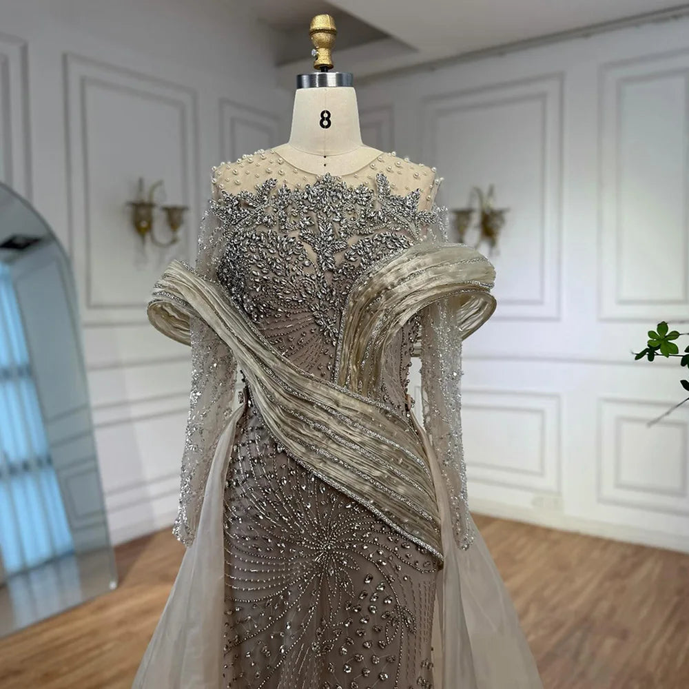 Luxury Nude Beaded Mermaid Evening Dress with Overskirt LA72932 - SERENE HILL