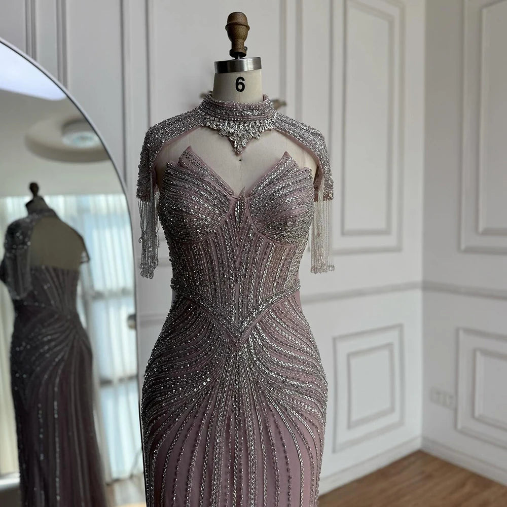 Nude Mermaid Evening Dress with Detachable High Neck Tassel LA72891A - SERENE HILL