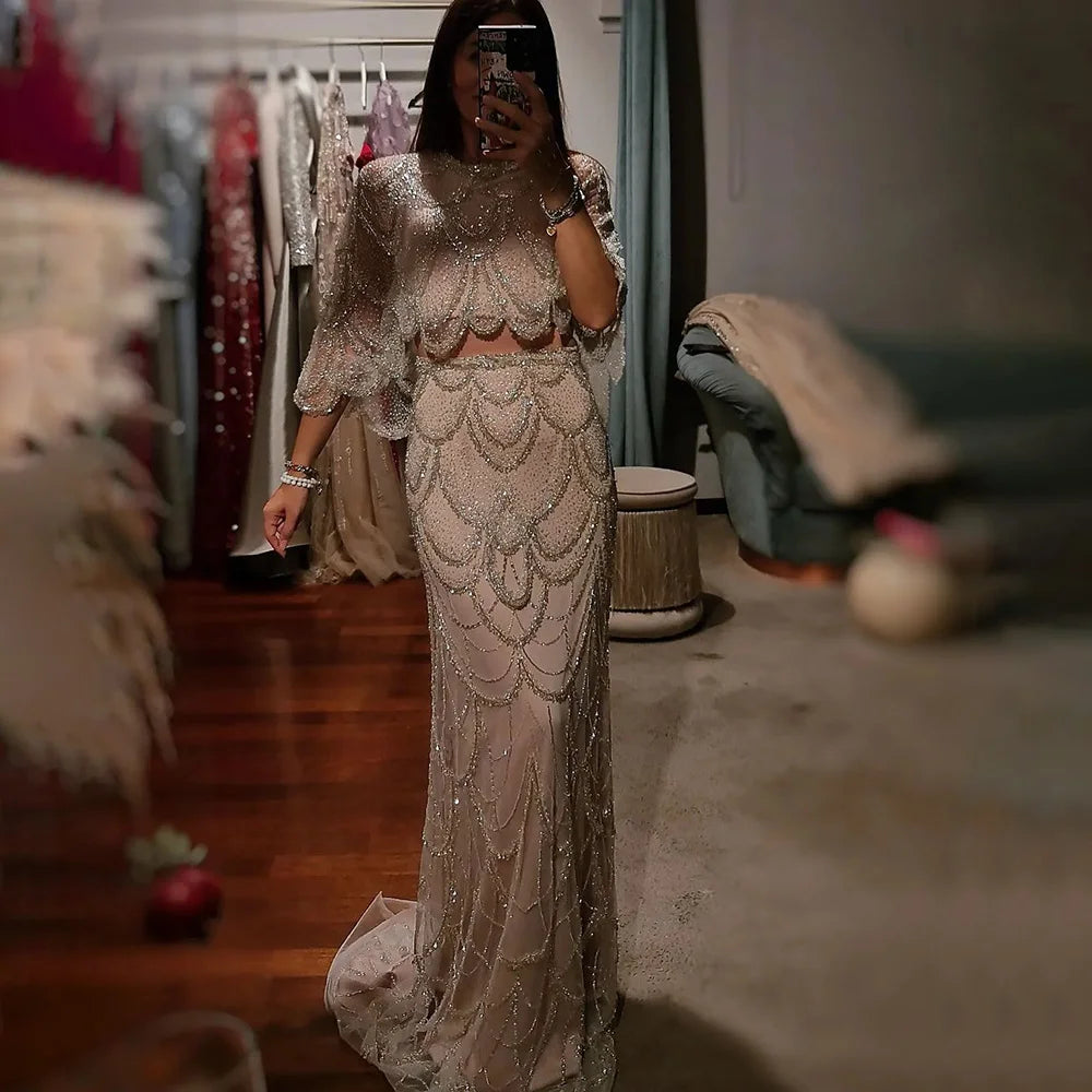 Luxury Beaded Nude Two Pieces Evening Dress LA72462 - SERENE HILL