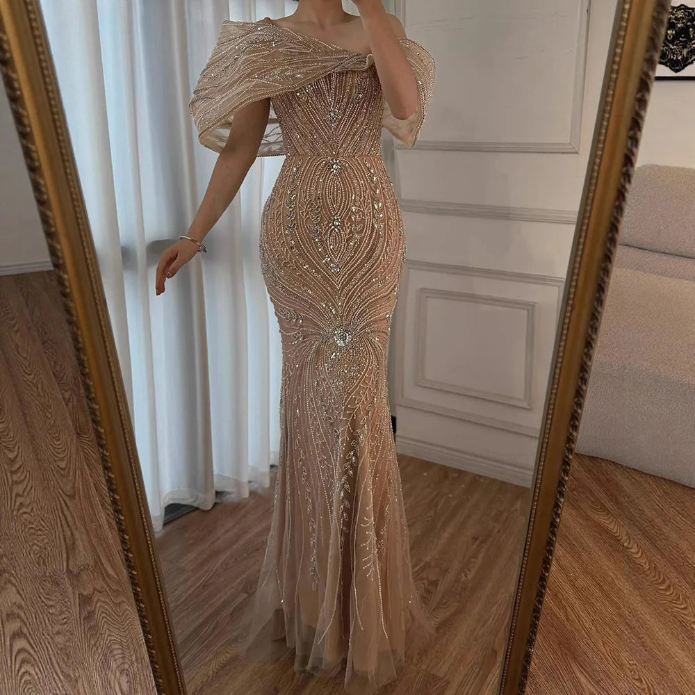 Luxury Silver Nude Off Shoulder Mermaid Evening Dress LA72878 - SERENE HILL
