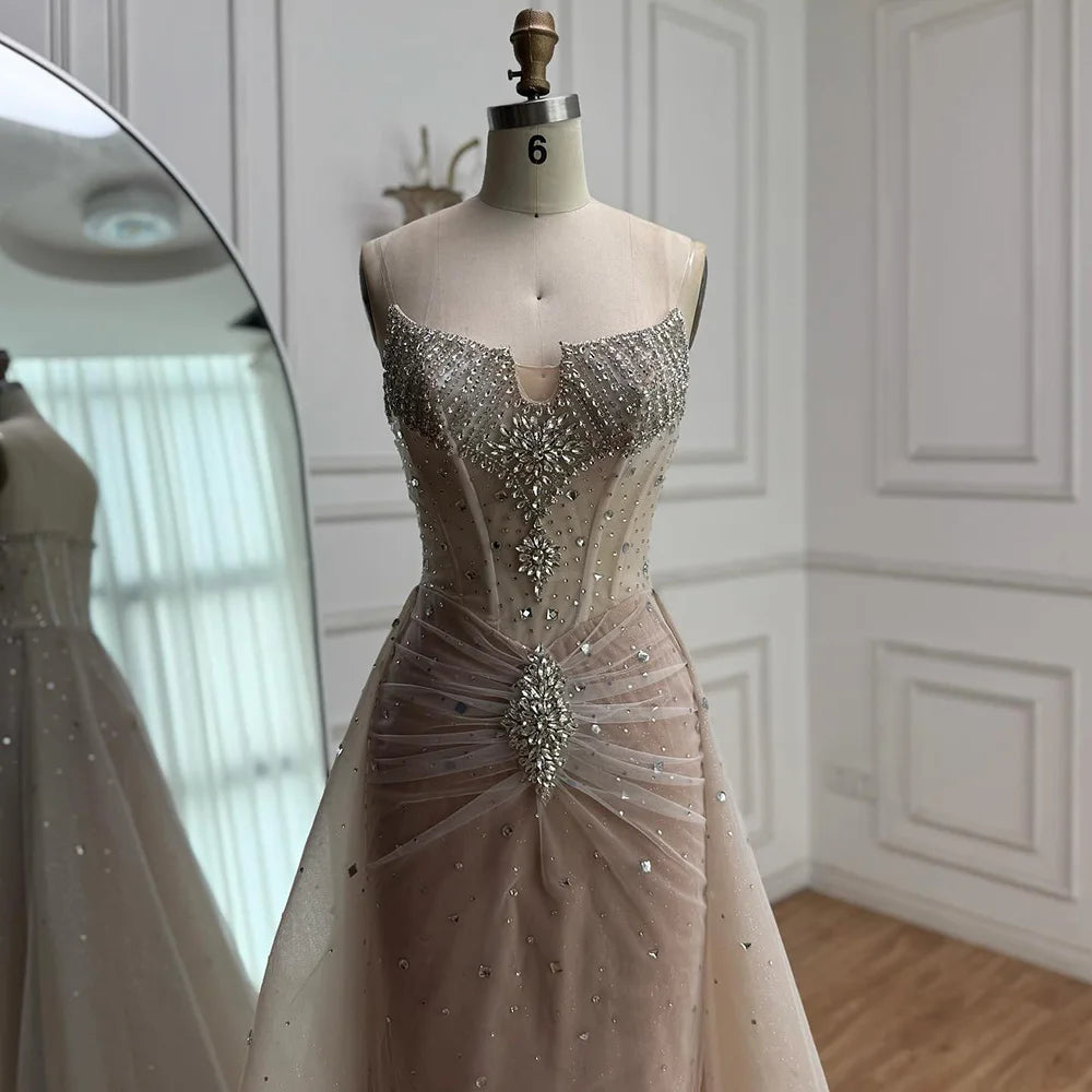 Luxury White Nude Beaded Evening Dress with Overskirt LA73107 - SERENE HILL