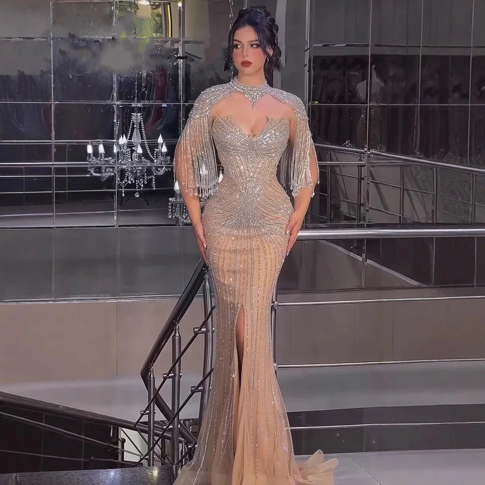 Nude Mermaid Evening Dress with Detachable High Neck Tassel LA72891A - SERENE HILL