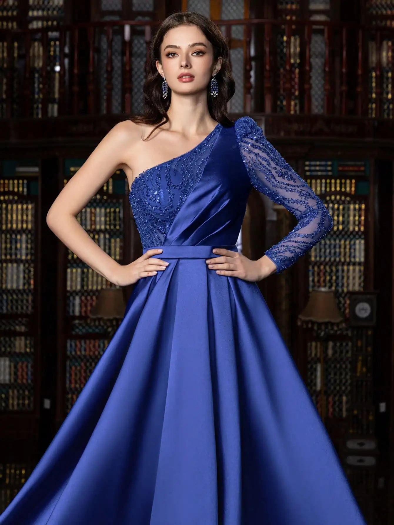 Satin Blue A-Line One-Shoulder Elegant Evening Dress LA73278 - SERENE HILL