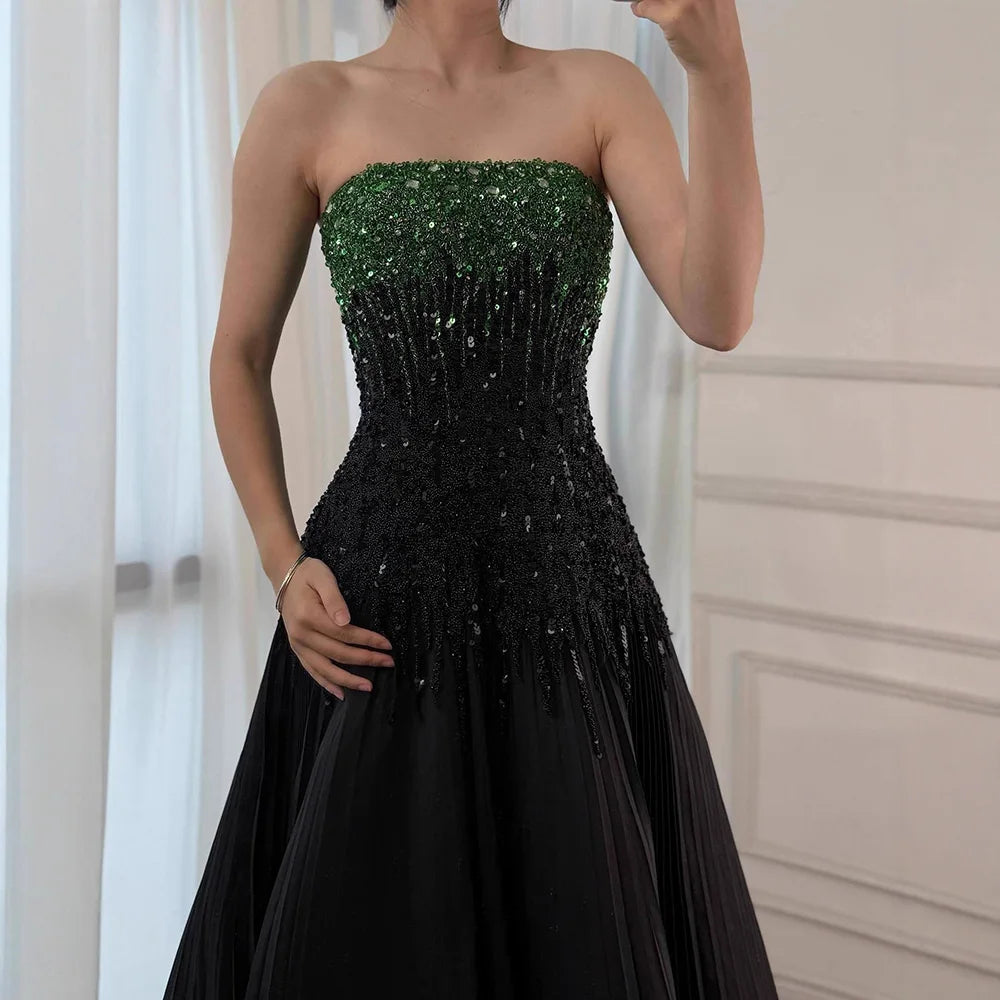 Luxury Beaded Black Green Off Shoulder Dubai Evening Dress for Party LA72406 - SERENE HILL