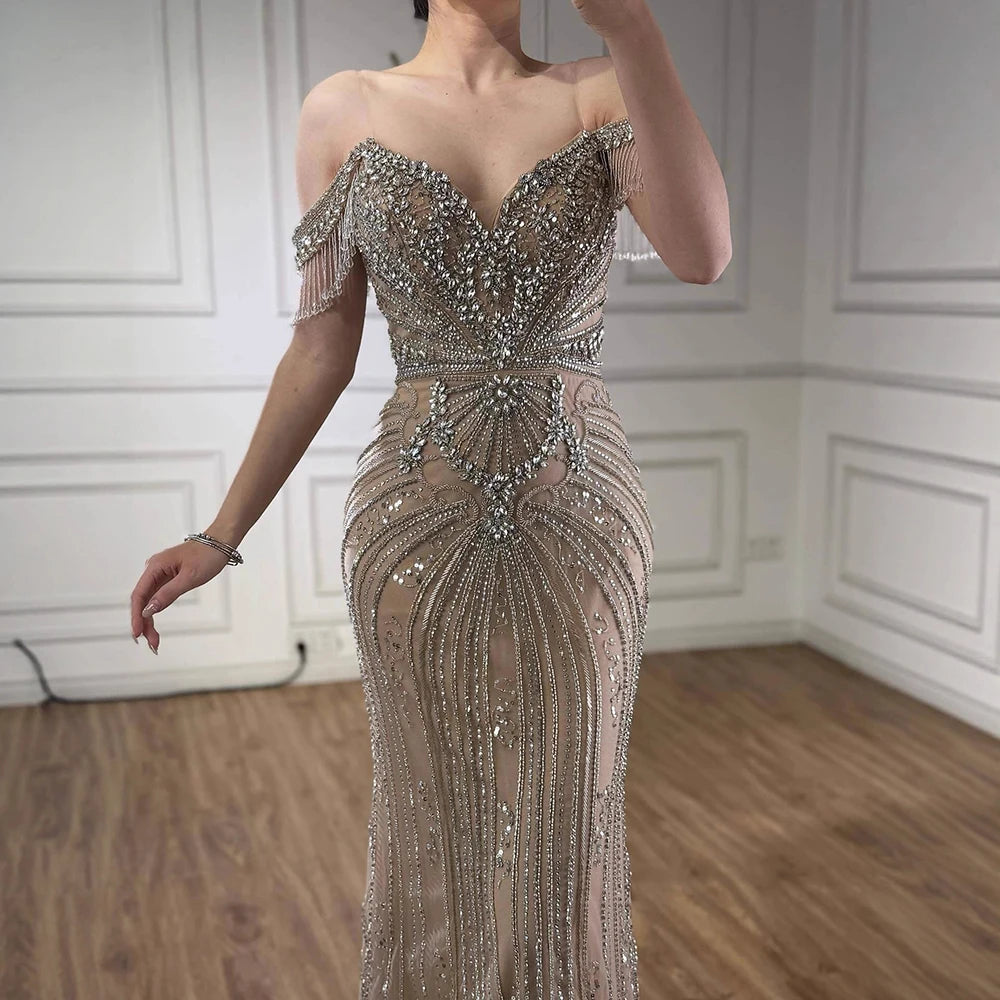 Luxury Pink Crystal Tassel Off Shoulder Evening Dress Dubai LA73204 - SERENE HILL
