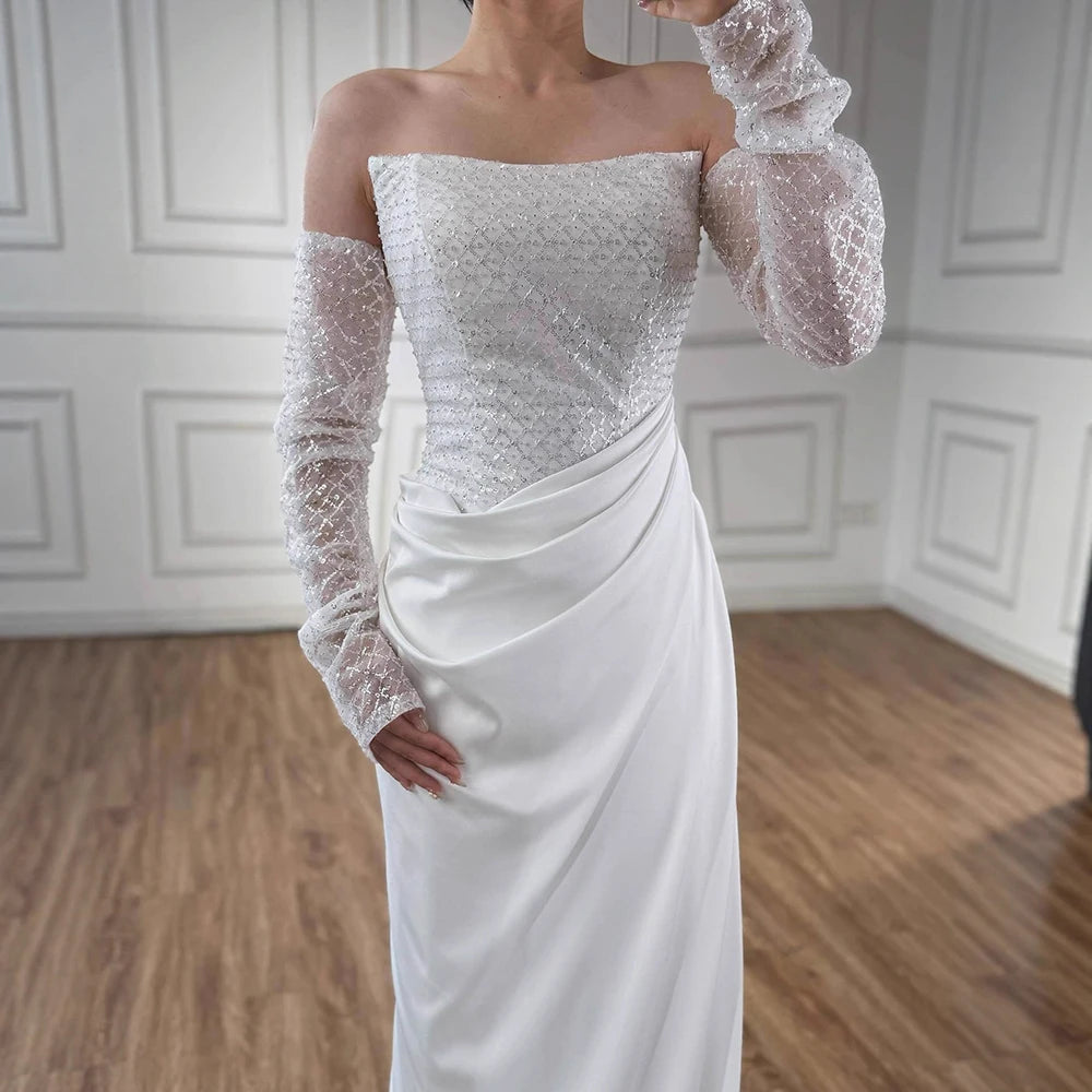 White Beaded Evening Dress with Detachable Sleeves LA72293A - SERENE HILL
