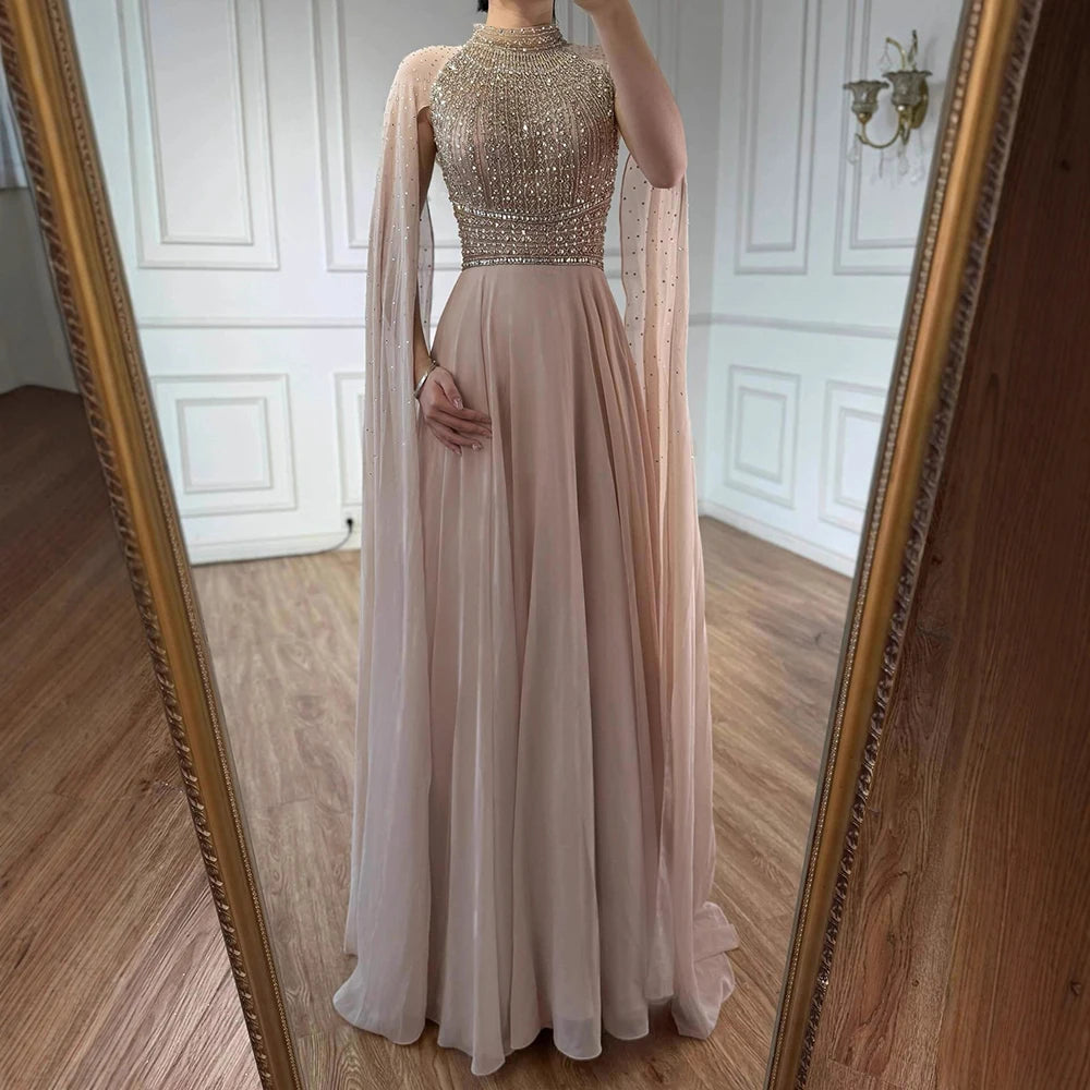 Luxury Nude Chiffon Beaded Evening Dress with Cape LA73144 - SERENE HILL
