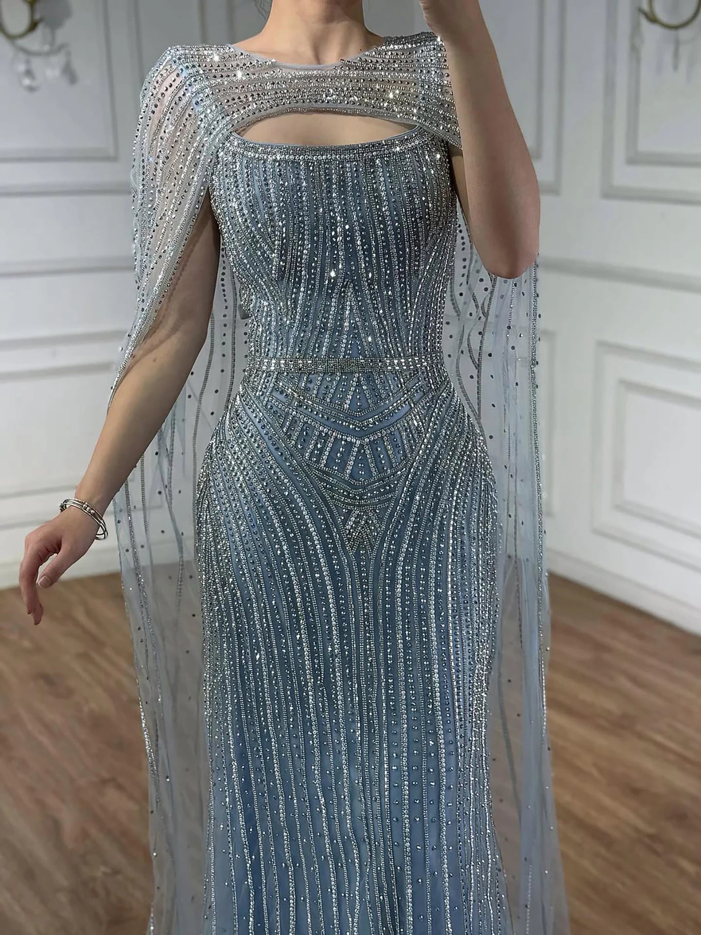 Luxury Blue Diamond Evening Dress With Cape LA73426 - SERENE HILL