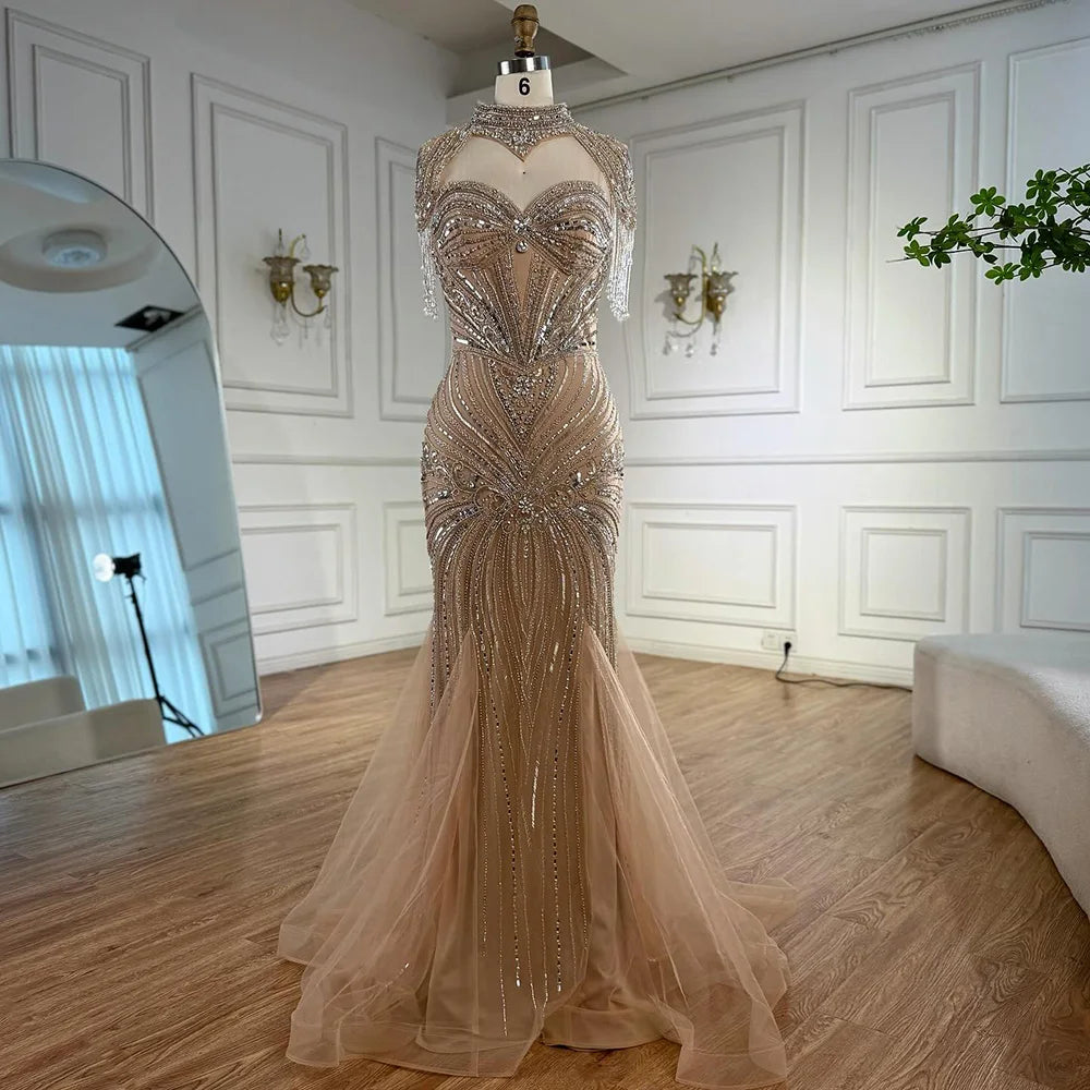 Luxury Nude Beaded High Neck Mermaid Evening Dress LA72897 - SERENE HILL