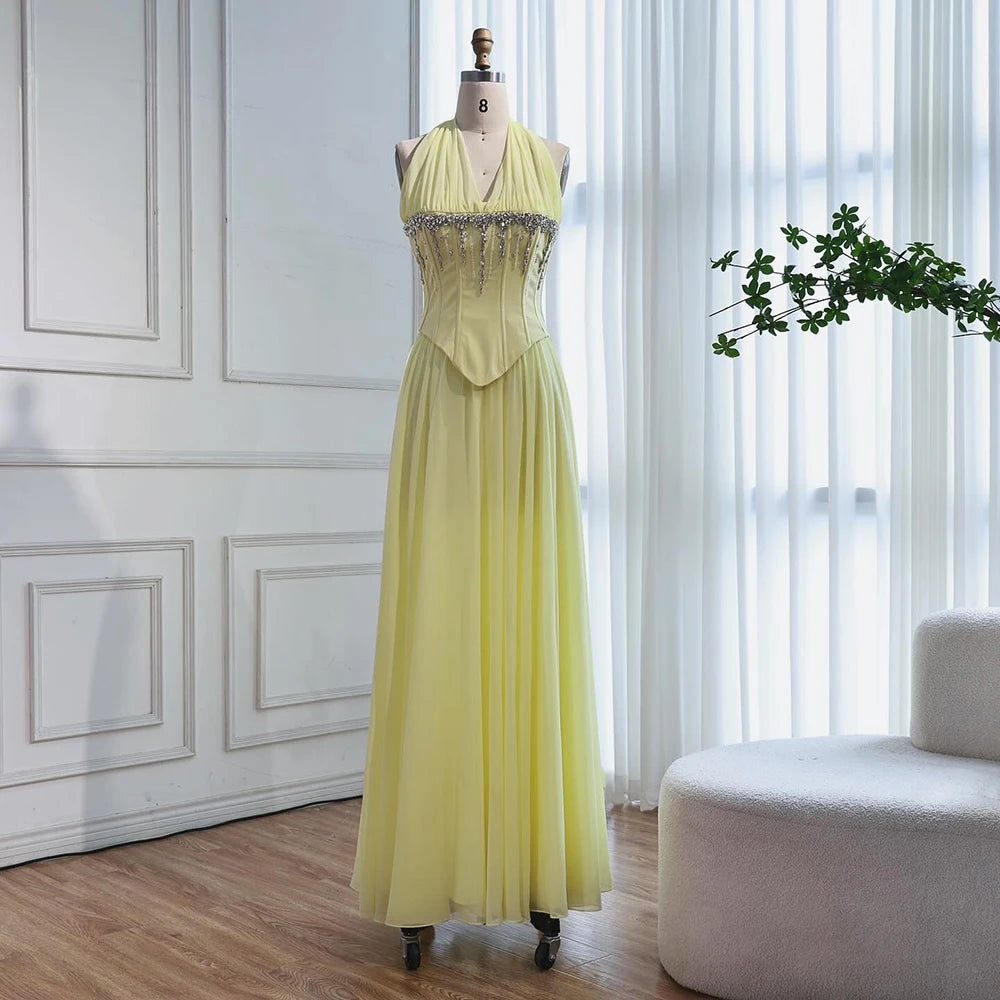 Luxury Designer Sage Green Chiffon Halter Beaded Evening Dress LA73074 - SERENE HILL