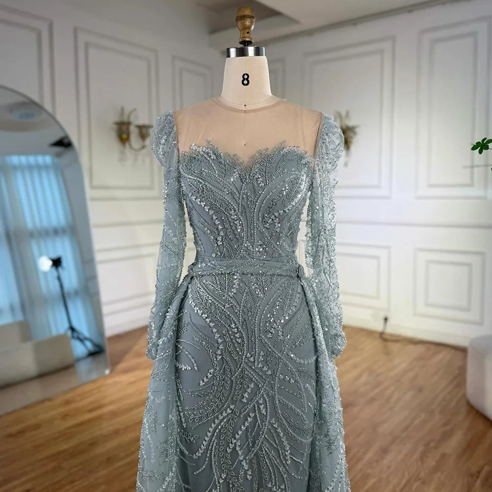 Luxury Sage Green Beaded Evening Dress with Detachable Overskirt LA73066 - SERENE HILL