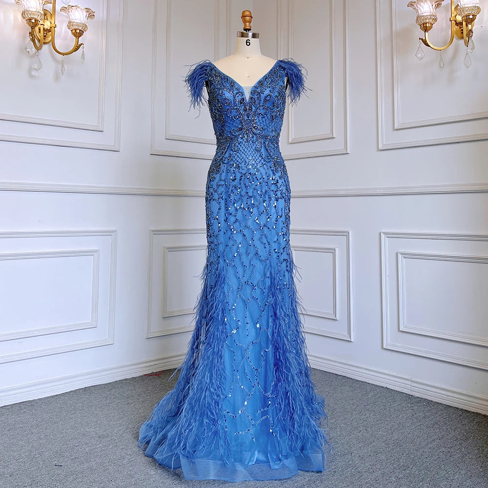 Champagne Luxury V-Neck Sexy Mermaid Evening Dresses 2025 Diamond Feathers Sleeveless Formal Dress Serene Hill LA70350 - SERENE HILL