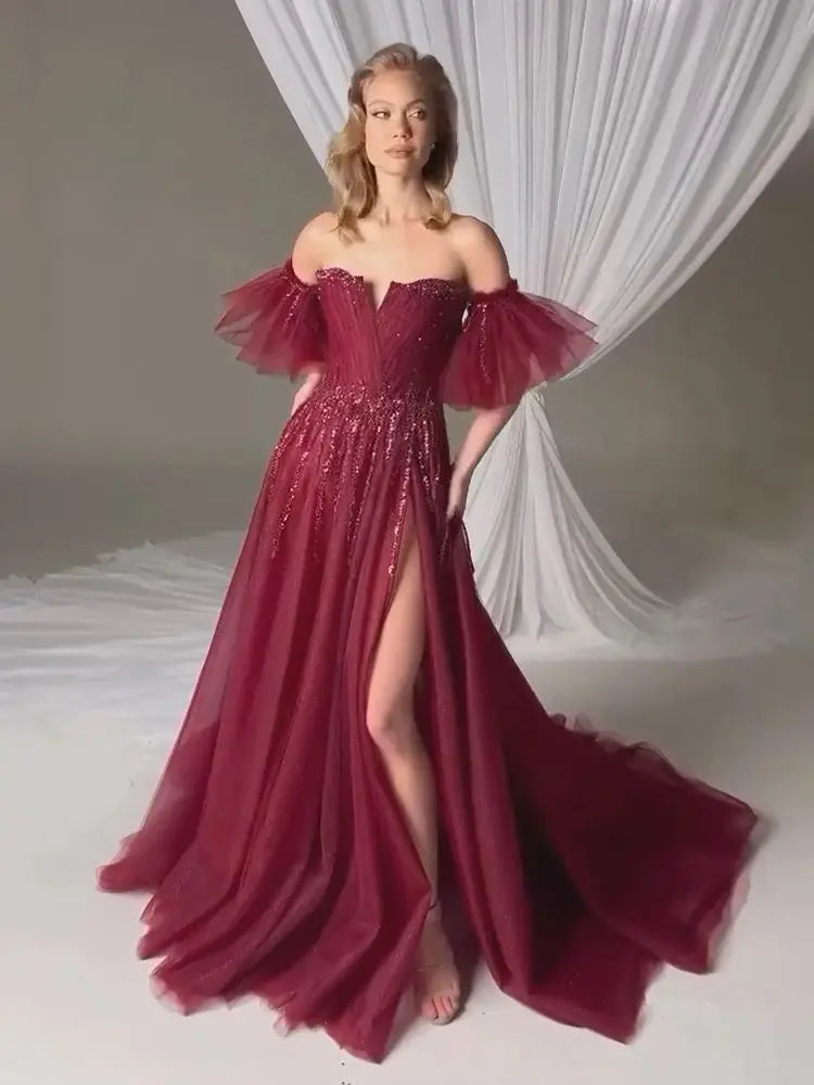 Wine Red A-Line High Slit Evening Gown with Detachable Short Sleeves LA72938 - SERENE HILL