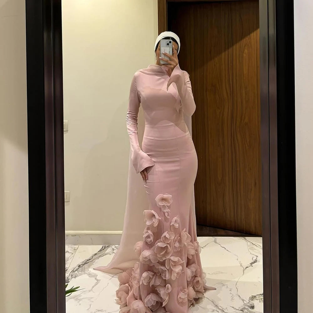 Luxury Pink 3D Flower Evening Dress Long Sleeves LA72954 Pink / 8