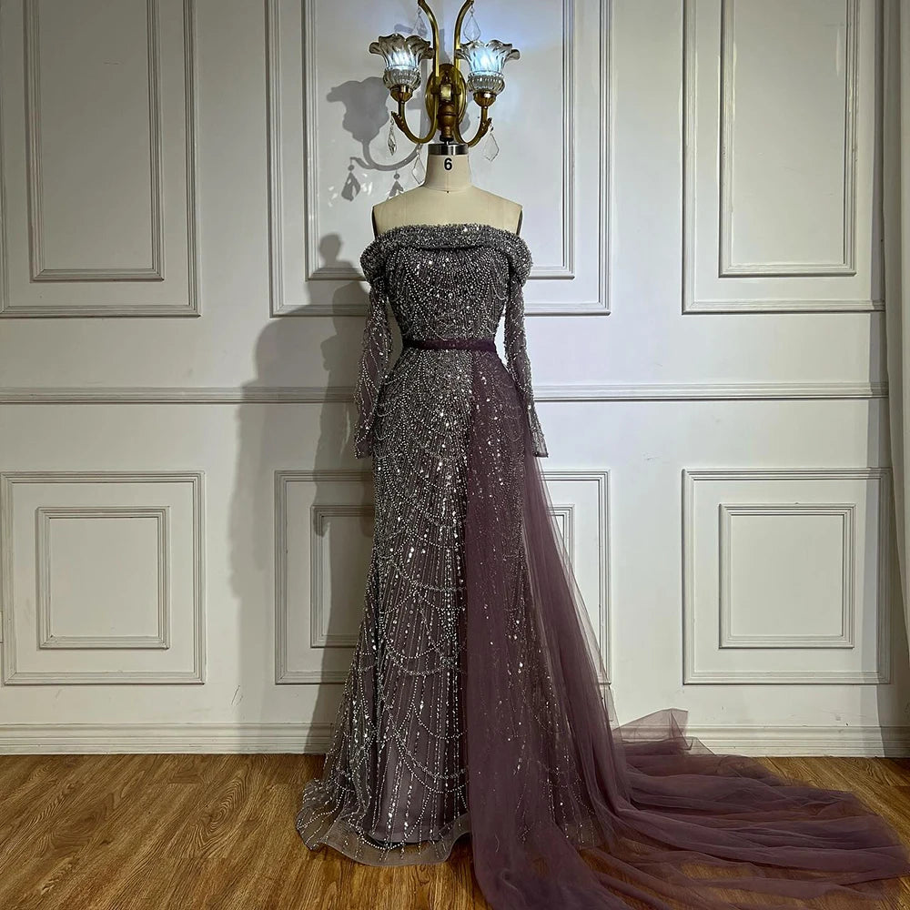 Off Shoulder Light Blue Mermaid Evening Dress with Detachable Overskirt Dubai LA72254 - SERENE HILL