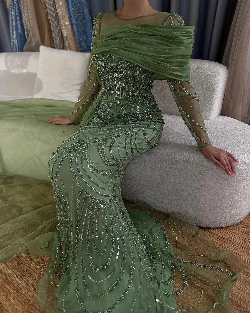 Luxury Designer Nude Crystal Mermaid Evening Dress with Overskirt LA72348 - SERENE HILL